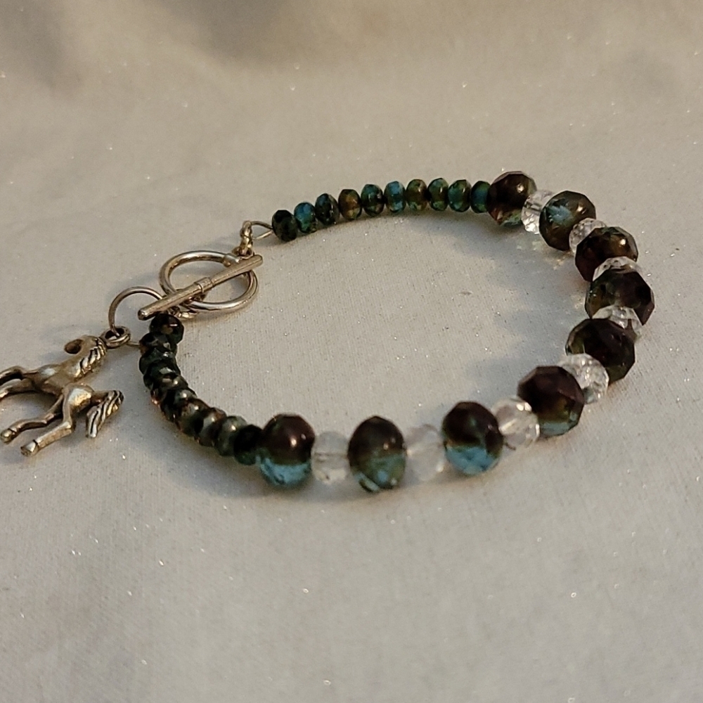 HANDMADE Czech Glass Bangle Horse Charm Toggle Rodeo Bracelet - Picture 2 of 7